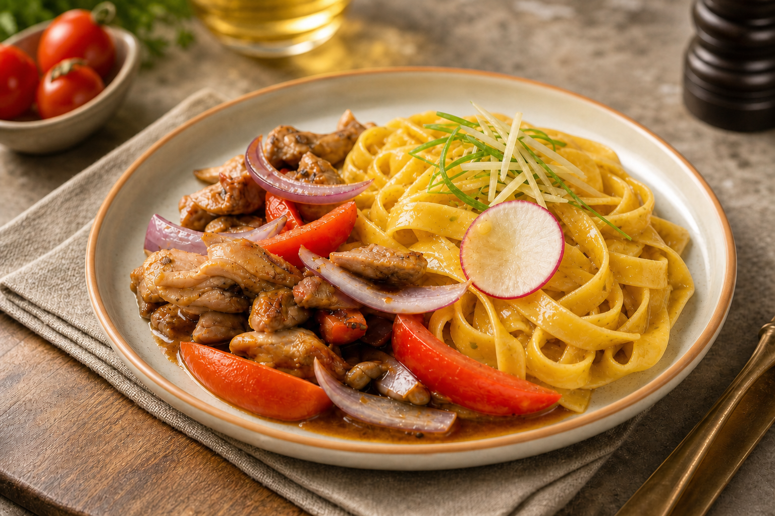 Fettuccini a la Huancaína con Pollo Saltado