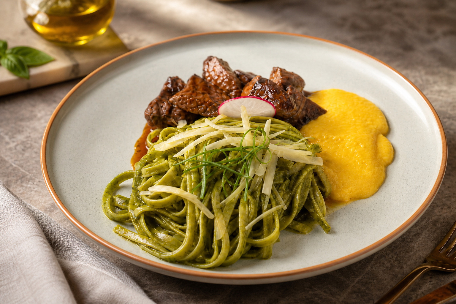Fettuccini al Pesto con Lomo