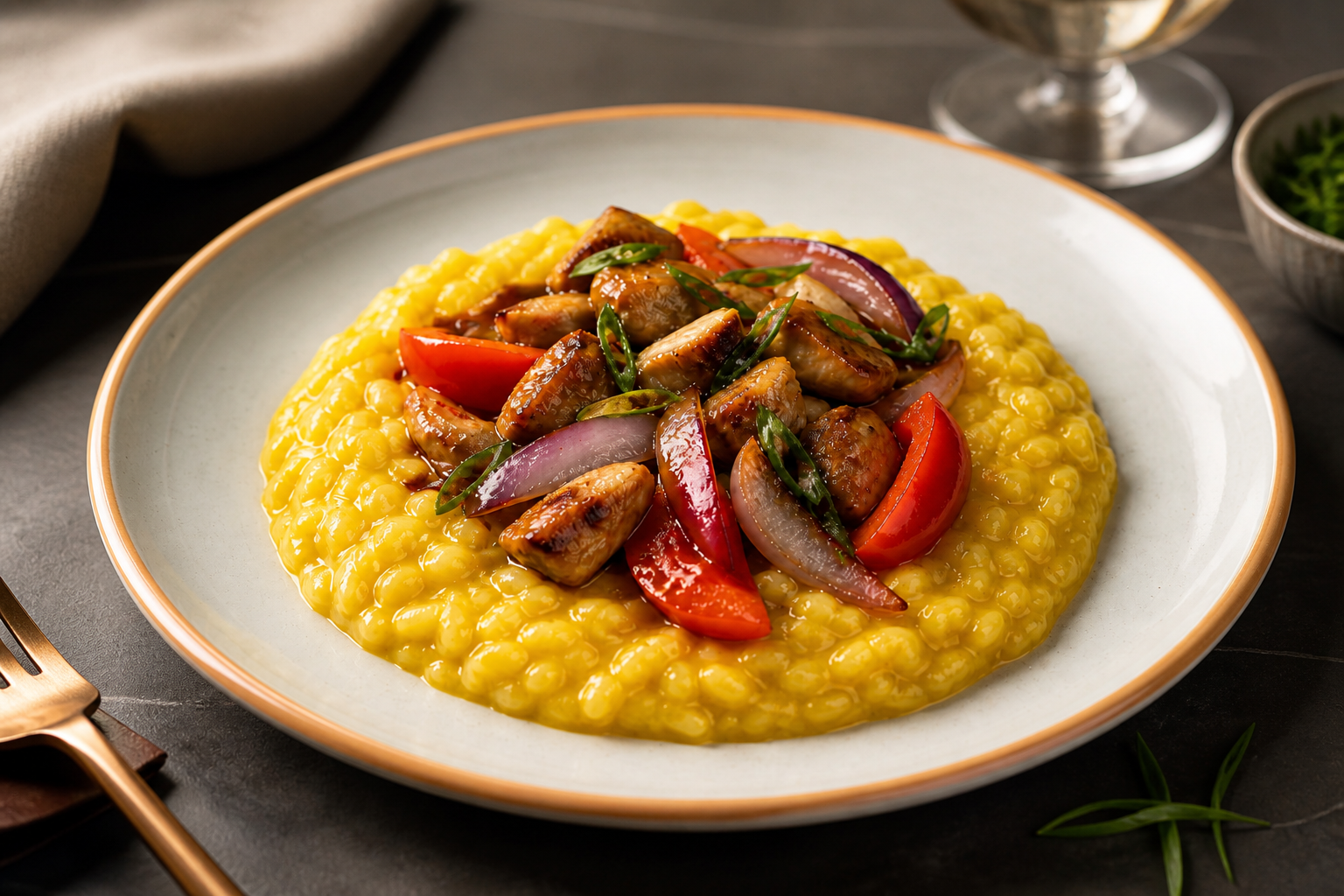 Risotto al Ají Amarillo con Pollo Saltado